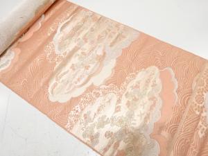 アンティーク　雲取りに花鳥・荒波模様織り出し　袋帯帯側